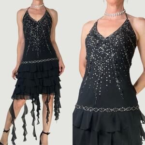 Sue Wong beaded sequin rosette halter silk prom dress fairy cocktail Nocturne 4